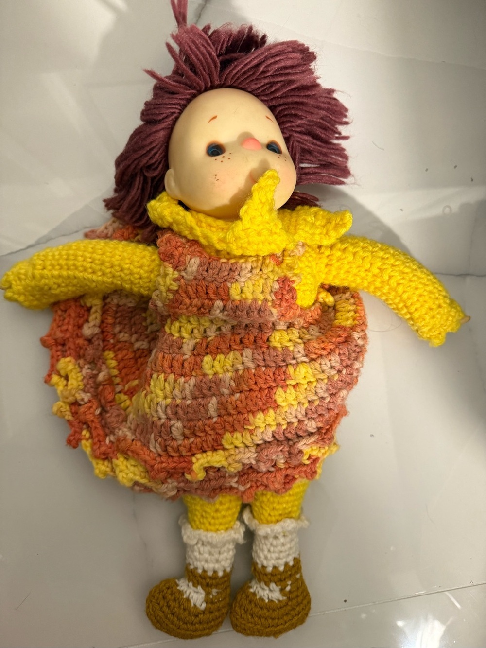 Vintage Doll with Yellow Knit Outfit and Plum Yarn Hair